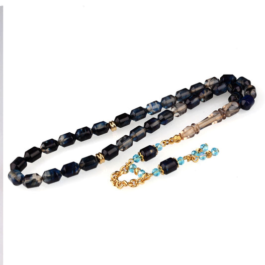 Lacivert Ateş Kehribar Tesbih Metal Parçalı Püskül