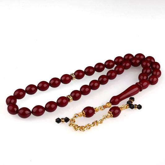 Koyu Kırmızı Ateş Kehribar Tesbih Metal Parçalı Zincir Püskül