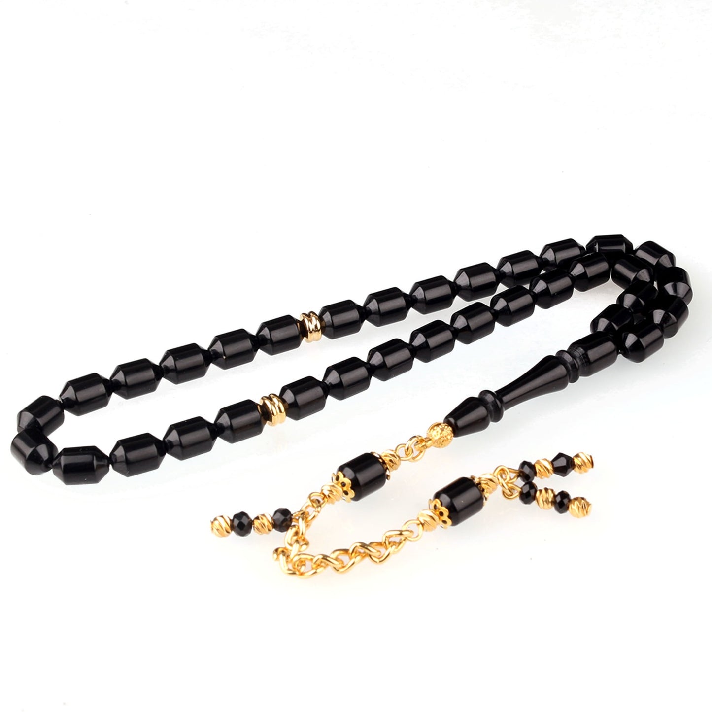 Ateş Kehribar Tesbih Siyah Kesme Taneli