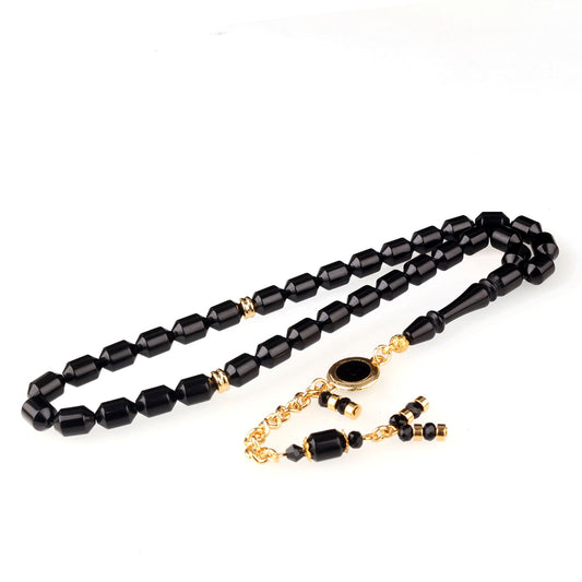 Ateş Kehribar Tesbih Siyah Kesme Taneli Metal Püsküllü