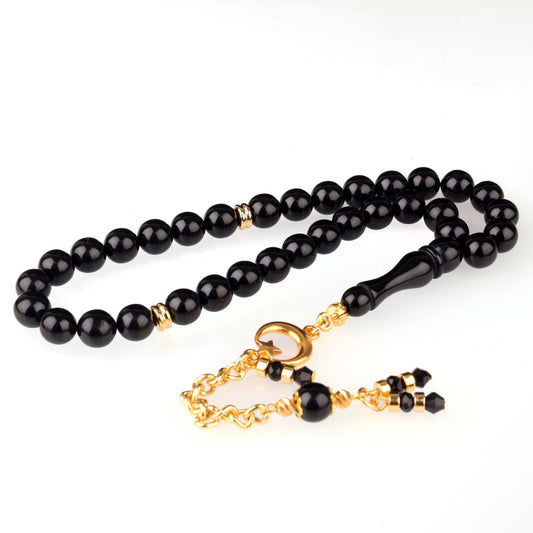 Ateş Kehribar Tesbih Siyah Yuvarlak Ay Yıldız Püsküllü