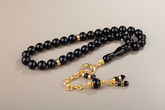 Ateş Kehribar Tesbih Siyah Yuvarlak Ay Yıldız Püsküllü