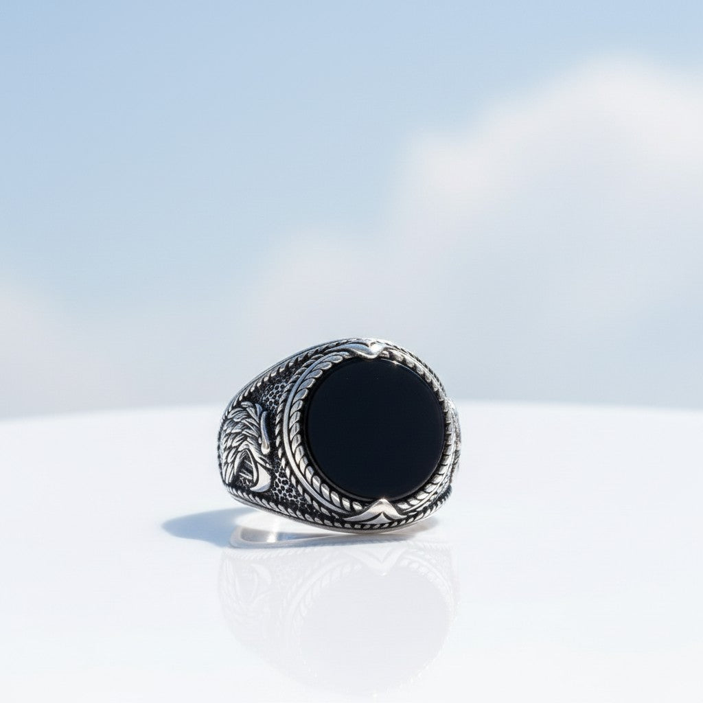 925 Sterling Silber Herrenring mit Onyx Stein und Adler Motiv