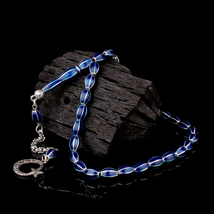 Ay Yıldız Püsküllü Lacivert Mine İşlemeli Metal 6 Yarma Tesbih
