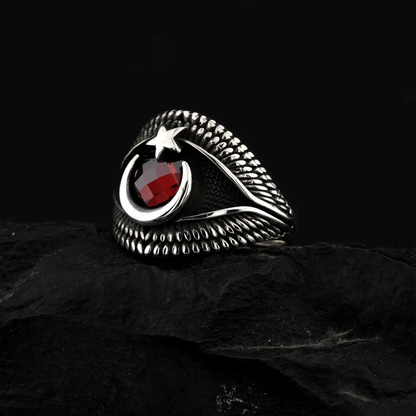 Herrenring mit Rotem Stein und Halbmond Stern | 925 Silber