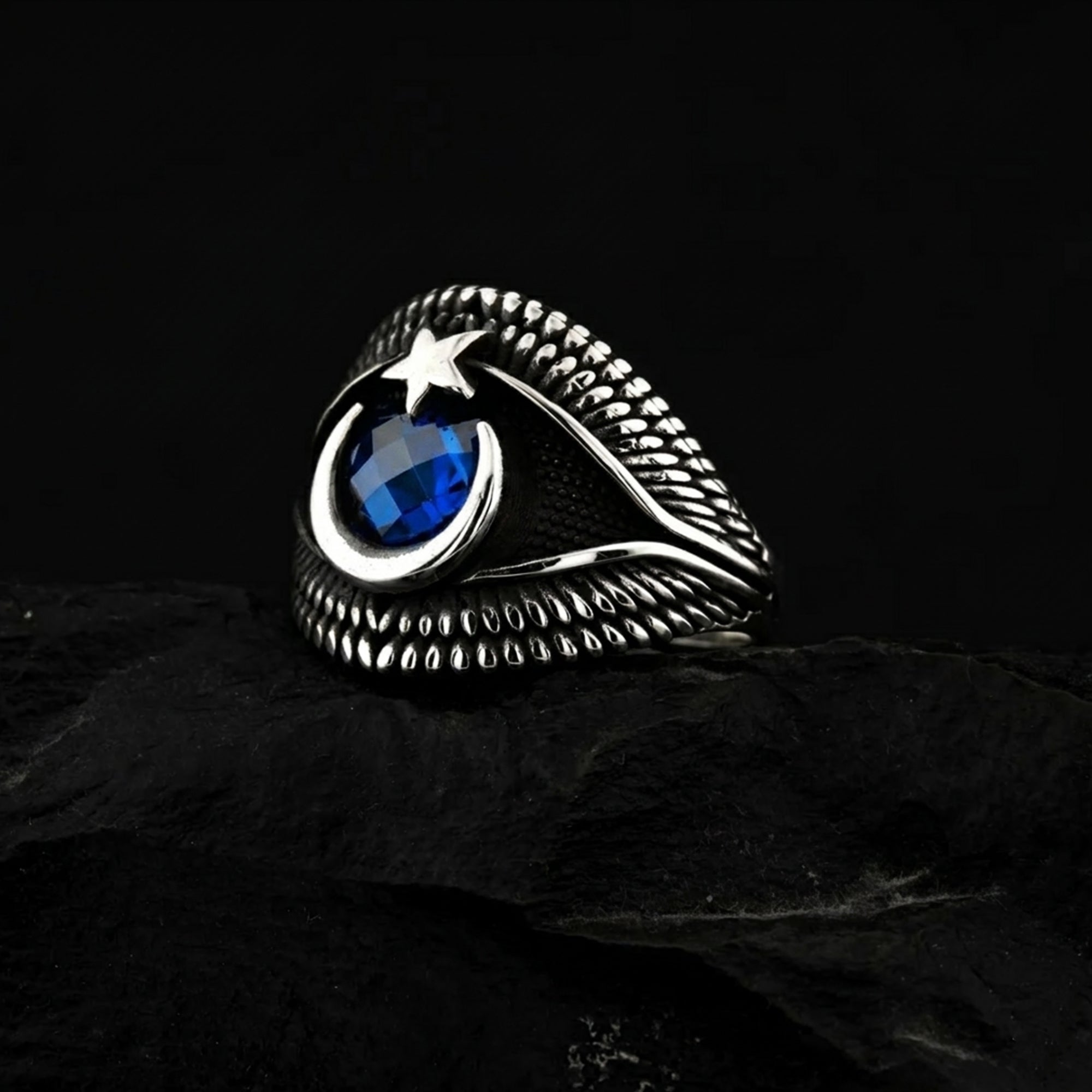 Herrenring mit Blauem Stein und Halbmond Stern | 925 Silber