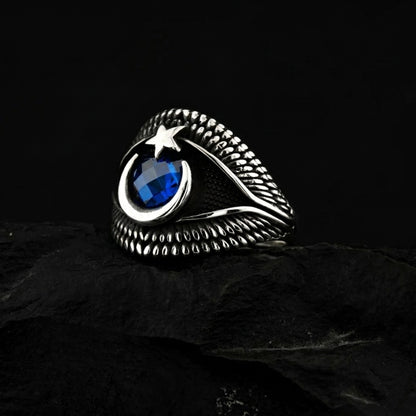 Blue Stone Crescent Star Men’s Ring | 925 Sterling Silver
