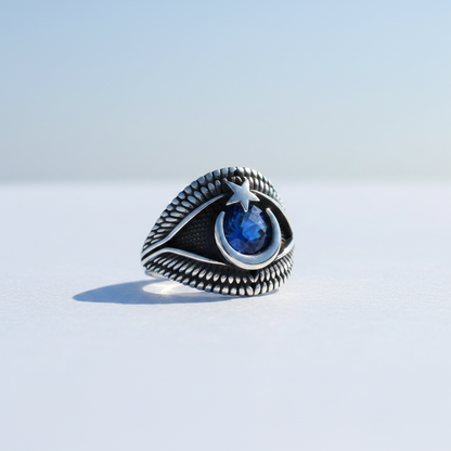 Blue Stone Crescent Star Men’s Ring | 925 Sterling Silver