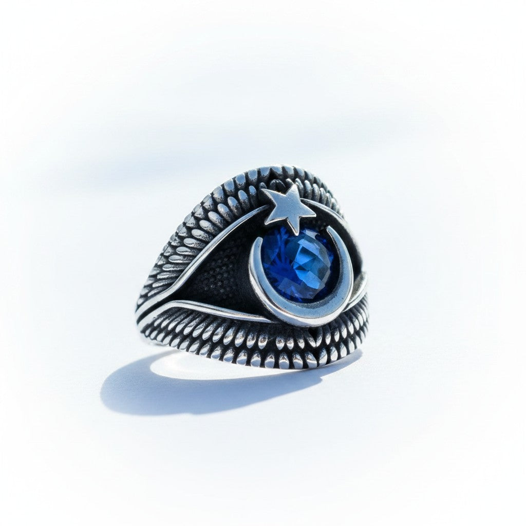 Herrenring mit Blauem Stein und Halbmond Stern | 925 Silber