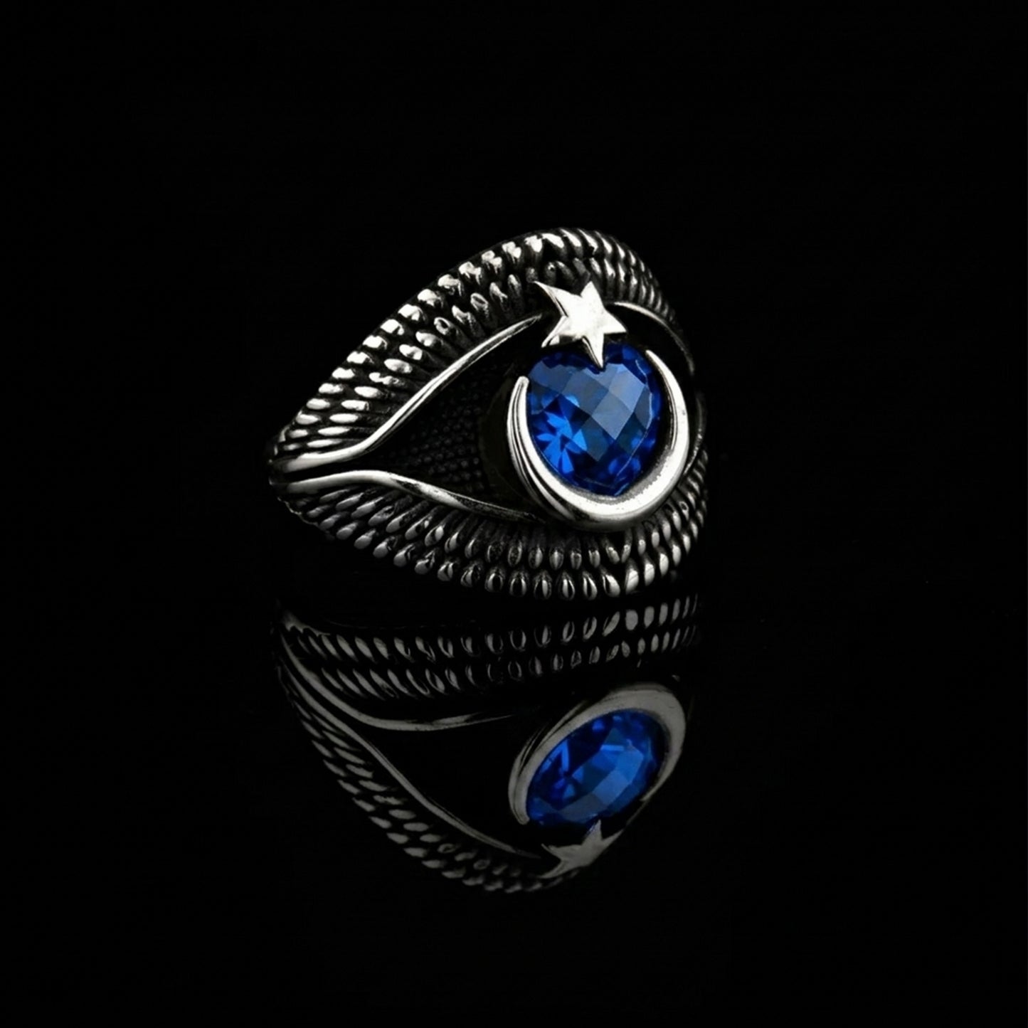 Blue Stone Crescent Star Men’s Ring | 925 Sterling Silver
