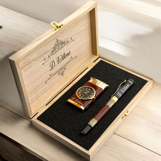 Personalized Rollerball Pen and Lighter with Clock Luxury Gift Set