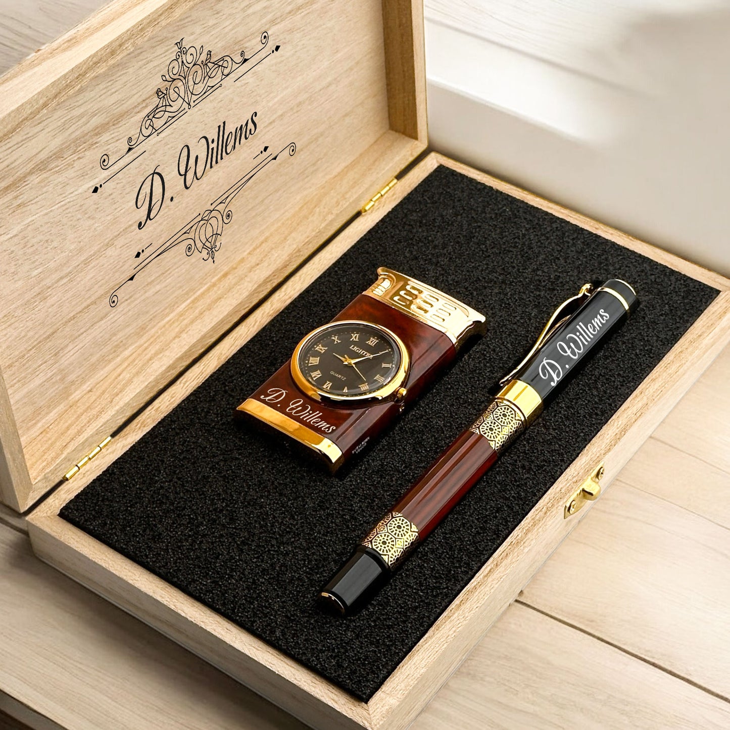 Personalized Rollerball Pen and Lighter with Clock Luxury Gift Set