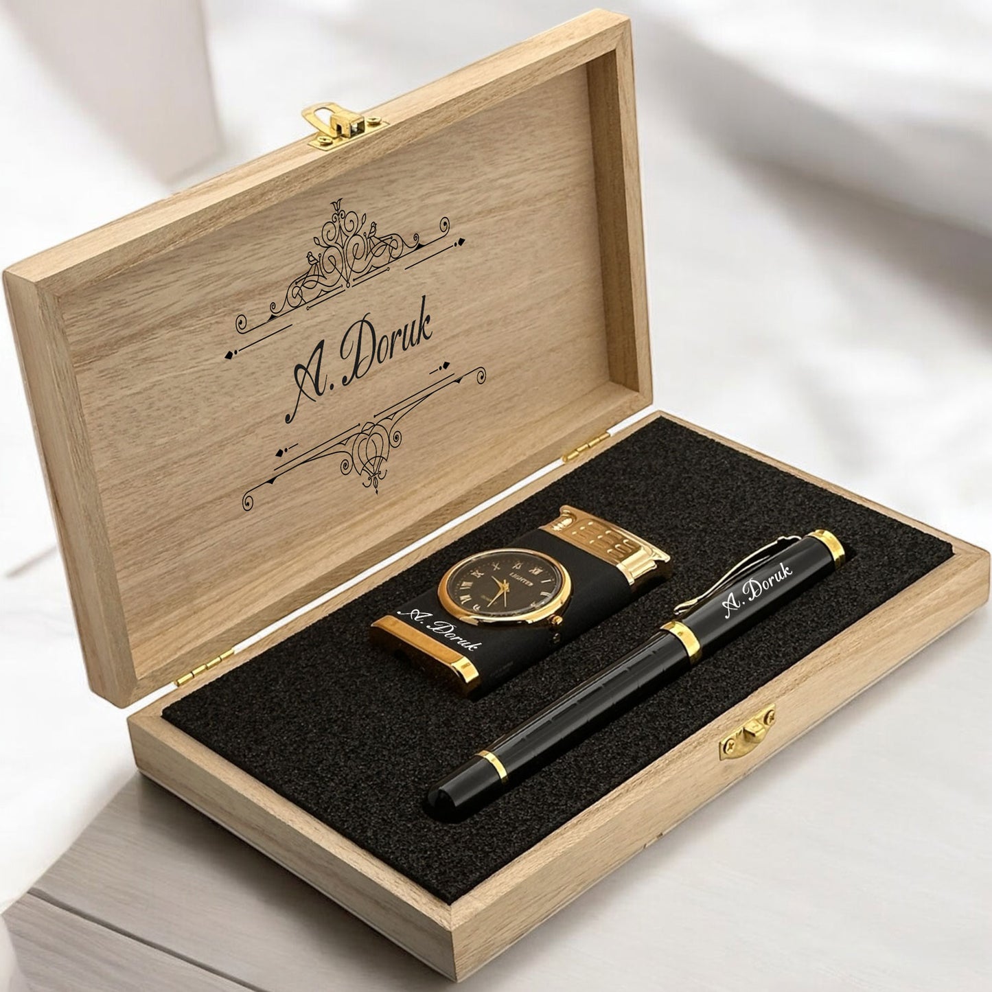 Roller Pen with Personalized Name and Lighter with Clock Gift Set