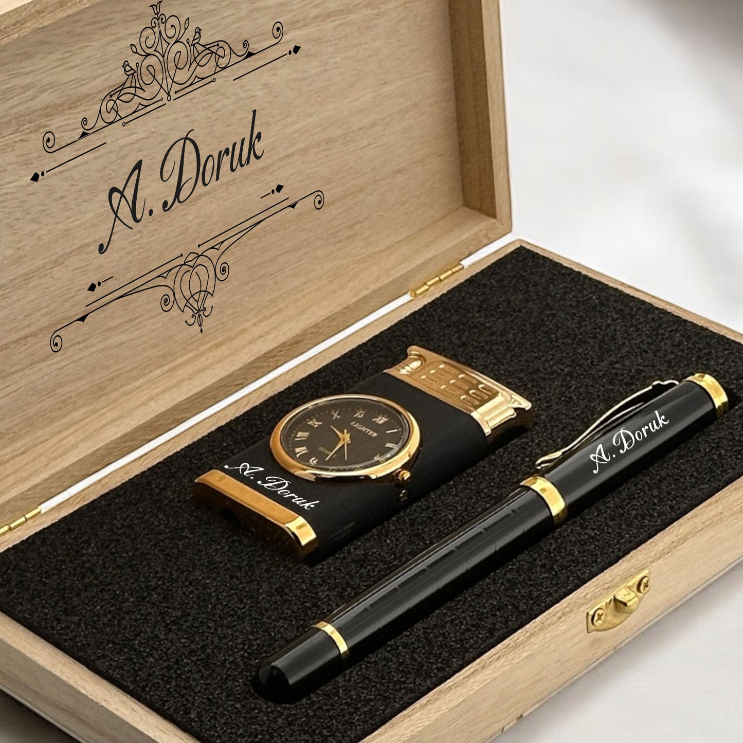 Roller Pen with Personalized Name and Lighter with Clock Gift Set