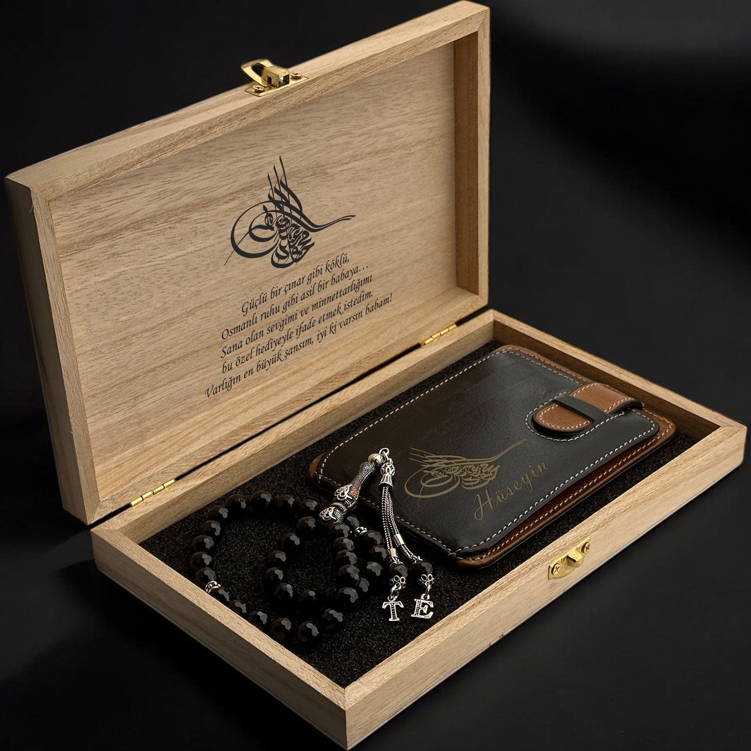 Personalisierte Osmanisches Tughra Leder Portemonnaie & 925er Silber Onyx-Gebetskette Set
