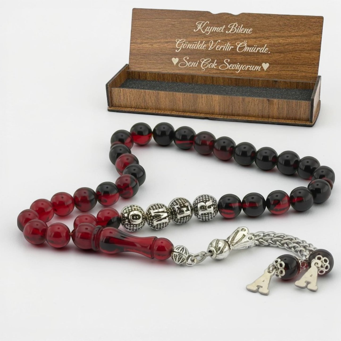 Custom Name Ates Kehribar Tesbih | Fire Amber | Wooden Box