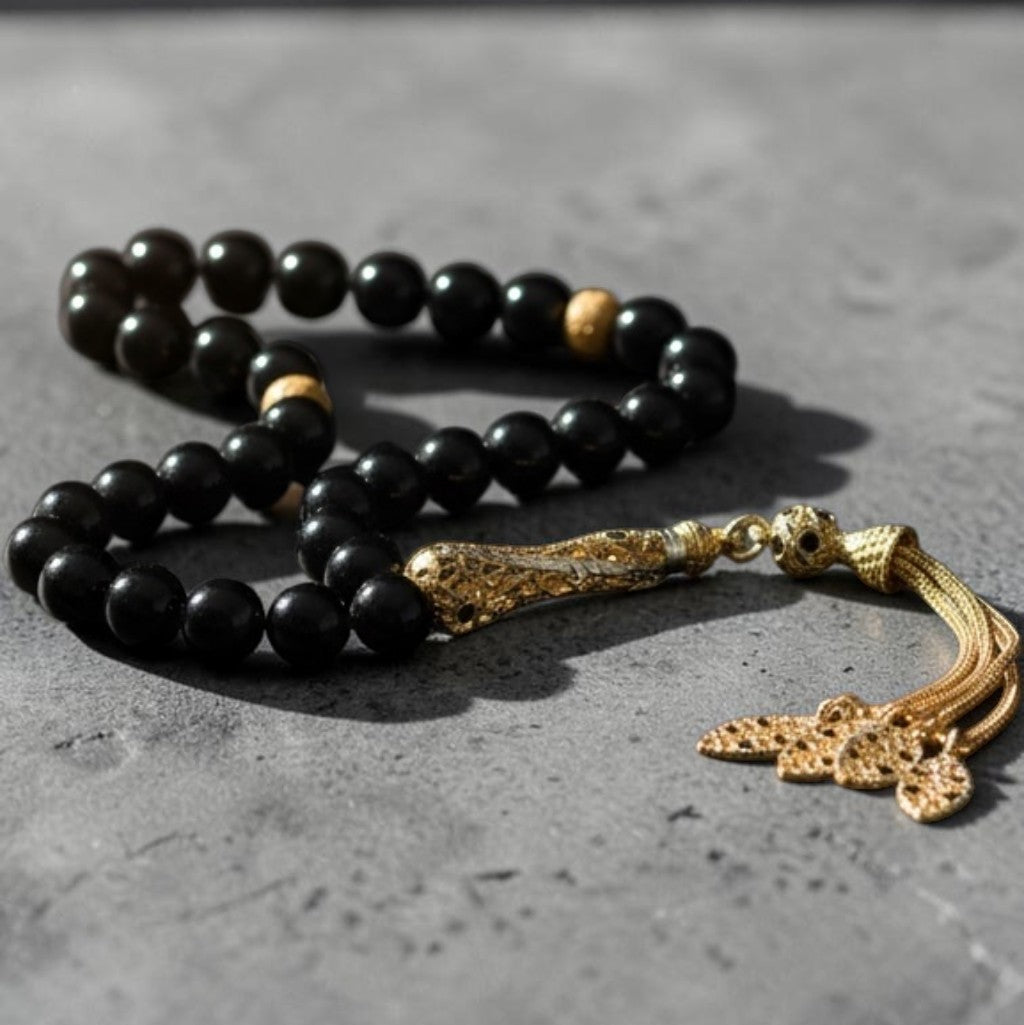 Black Fire Amber Tasbih Gold Plated | 925 Sterling Silver