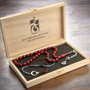 Burgundy Blue Amber Tasbih & Crescent Star Silver Bracelet Set