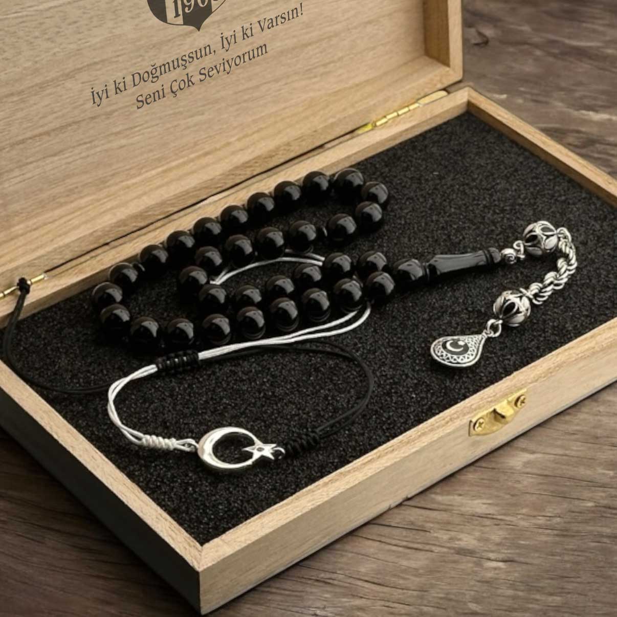 Black-White Fire Amber Prayer Beads & Crescent-Star Bracelet Set