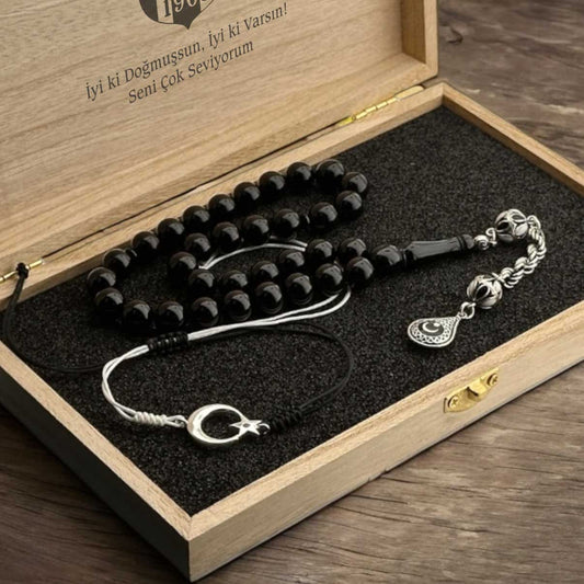 Black-White Fire Amber Prayer Beads & Crescent-Star Bracelet Set