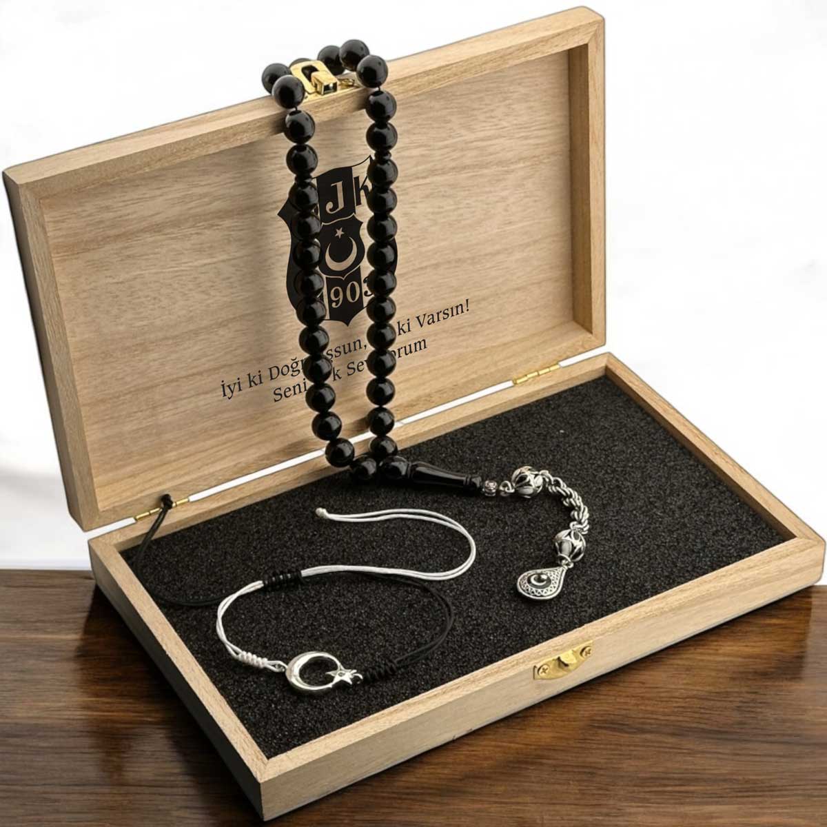 Black-White Fire Amber Prayer Beads & Crescent-Star Bracelet Set