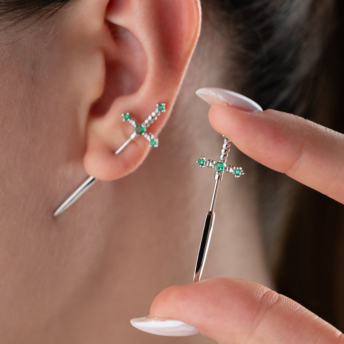 Green Stone Sword Earrings - Minimalist Style