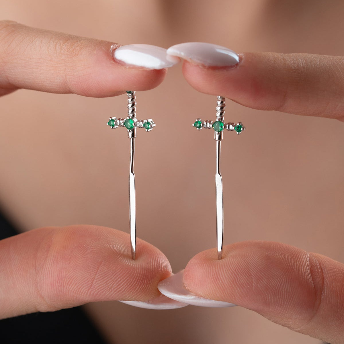 Green Stone Sword Earrings - Minimalist Style