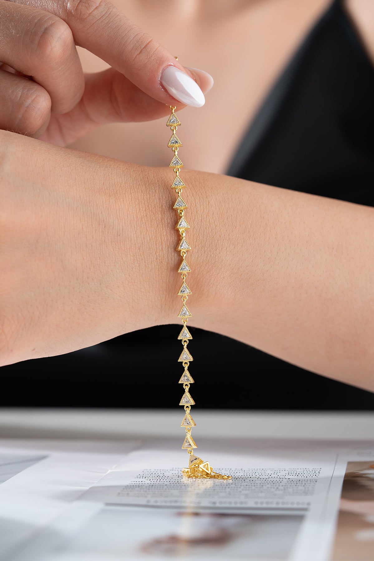 Triangular stone detail gold plated elegant bracelet