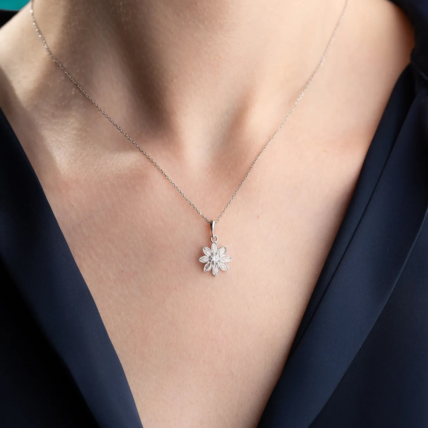 White Lotus Flower Necklace - 925 Sterling Silver & Zircon Stones