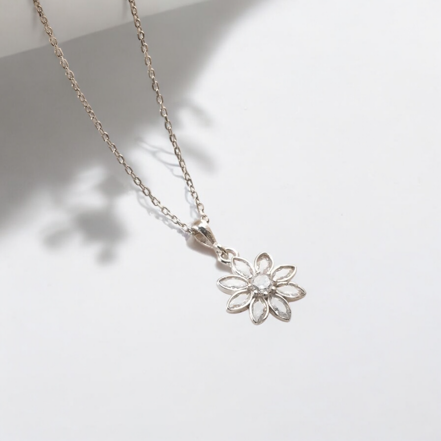 White Lotus Flower Necklace - 925 Sterling Silver & Zircon Stones
