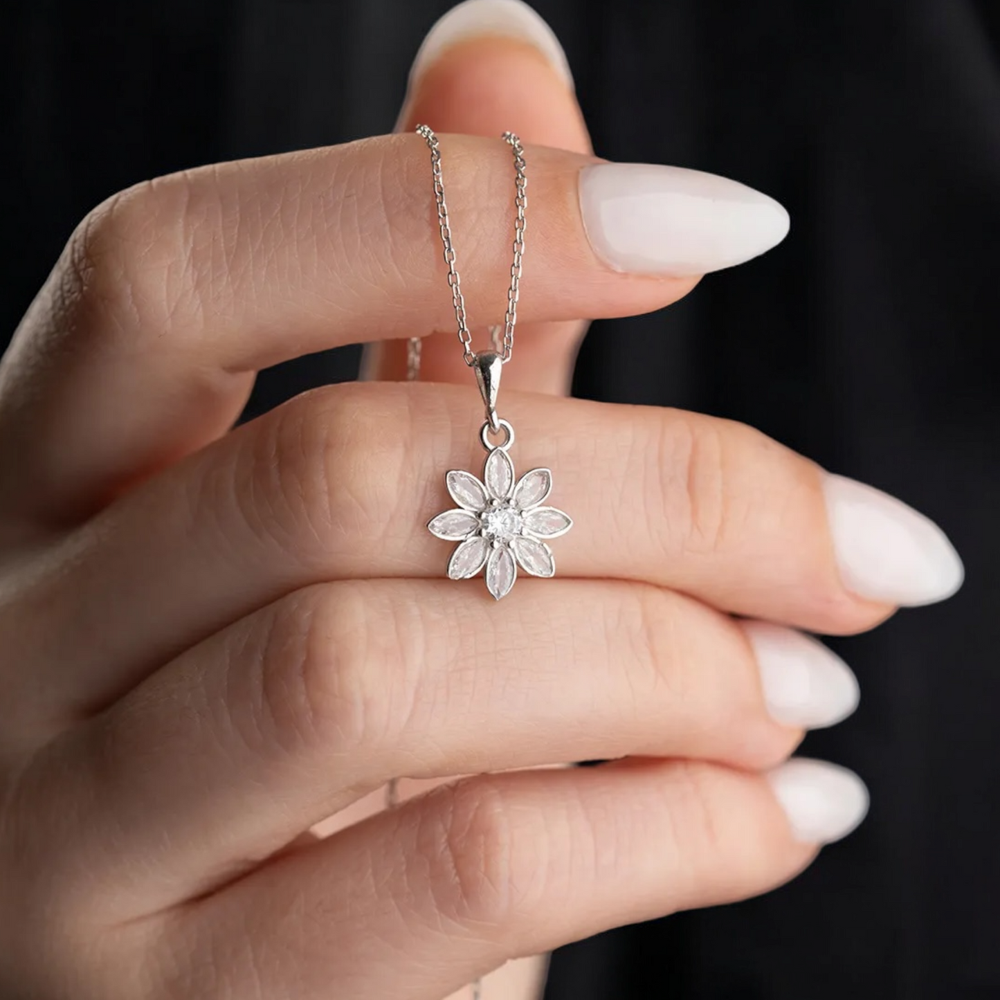 White Lotus Flower Necklace - 925 Sterling Silver & Zircon Stones