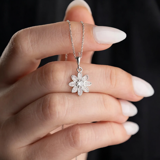 White Lotus Flower Necklace - 925 Sterling Silver & Zircon Stones