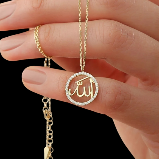 925 Sterling Silver Gold Pendant with Allah Inscription and Stones