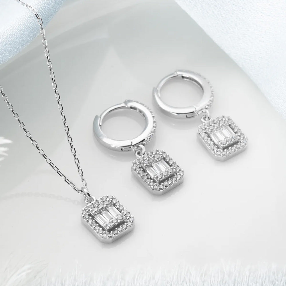 925 Sterling Silver Baguette Necklace & Earrings Set