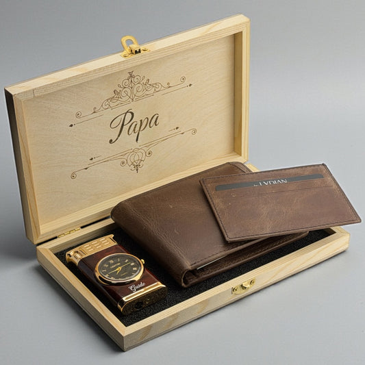 Kişiye Özel Kutulu Saatli Çakmaklı Deri Cüzdan Hediye Seti