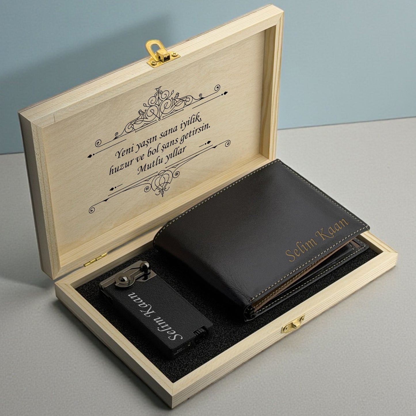 Kişiye Özel Deri Cüzdan & Metal Çakmak Hediye Seti