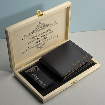 Kişiye Özel Deri Cüzdan & Metal Çakmak Hediye Seti