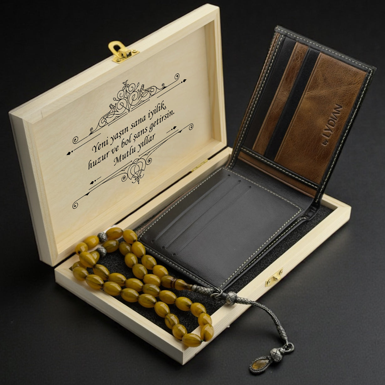 Özel Kutulu Deri Cüzdan ve 925 Ayar Gümüş Tesbih Seti 1