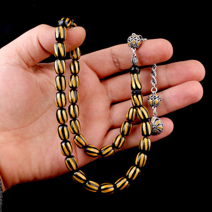 925 Ayar Gümüş Püsküllü Mineli Ateş Kehribar Tesbih-4