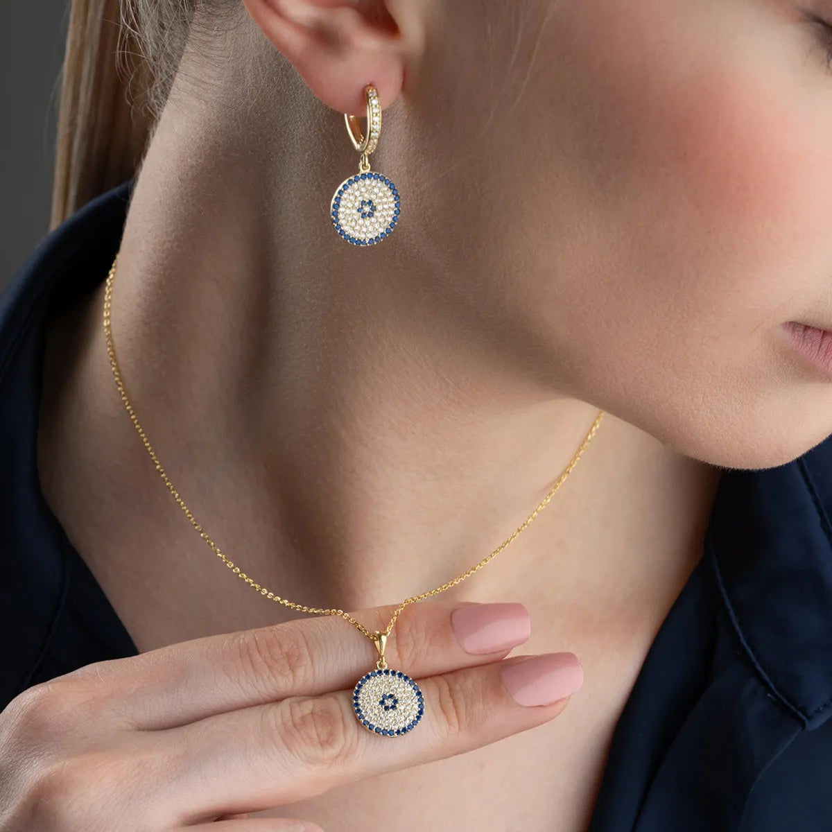 925er Silber Schmuckset mit Nazar-Anhänger (Kette & Ohrringe)
