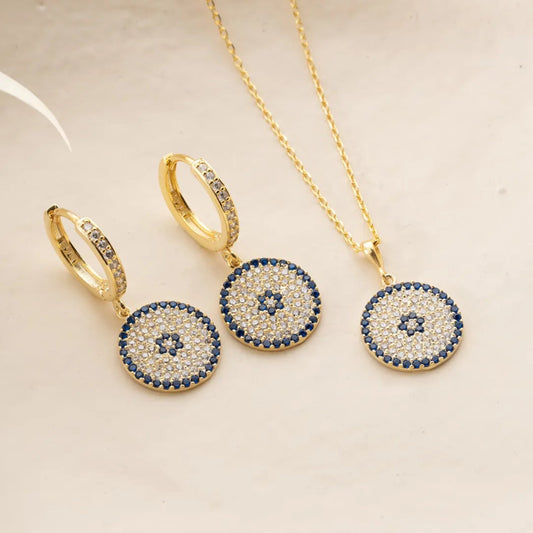 925 Sterling Silver Gold Plated Evil Eye Necklace & Earring Set