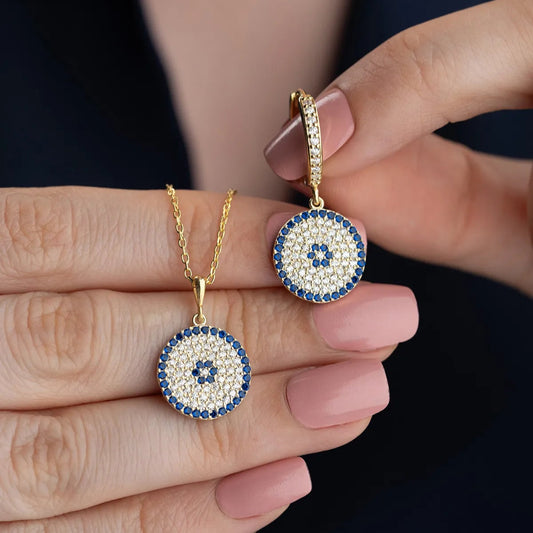 925 Sterling Silver Gold Plated Evil Eye Necklace & Earring Set
