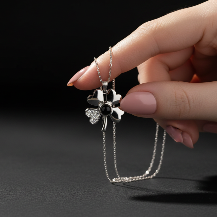 925er Sterling Silber Kleeblatt-Halskette mit "Ich liebe dich" in 100 Sprachen