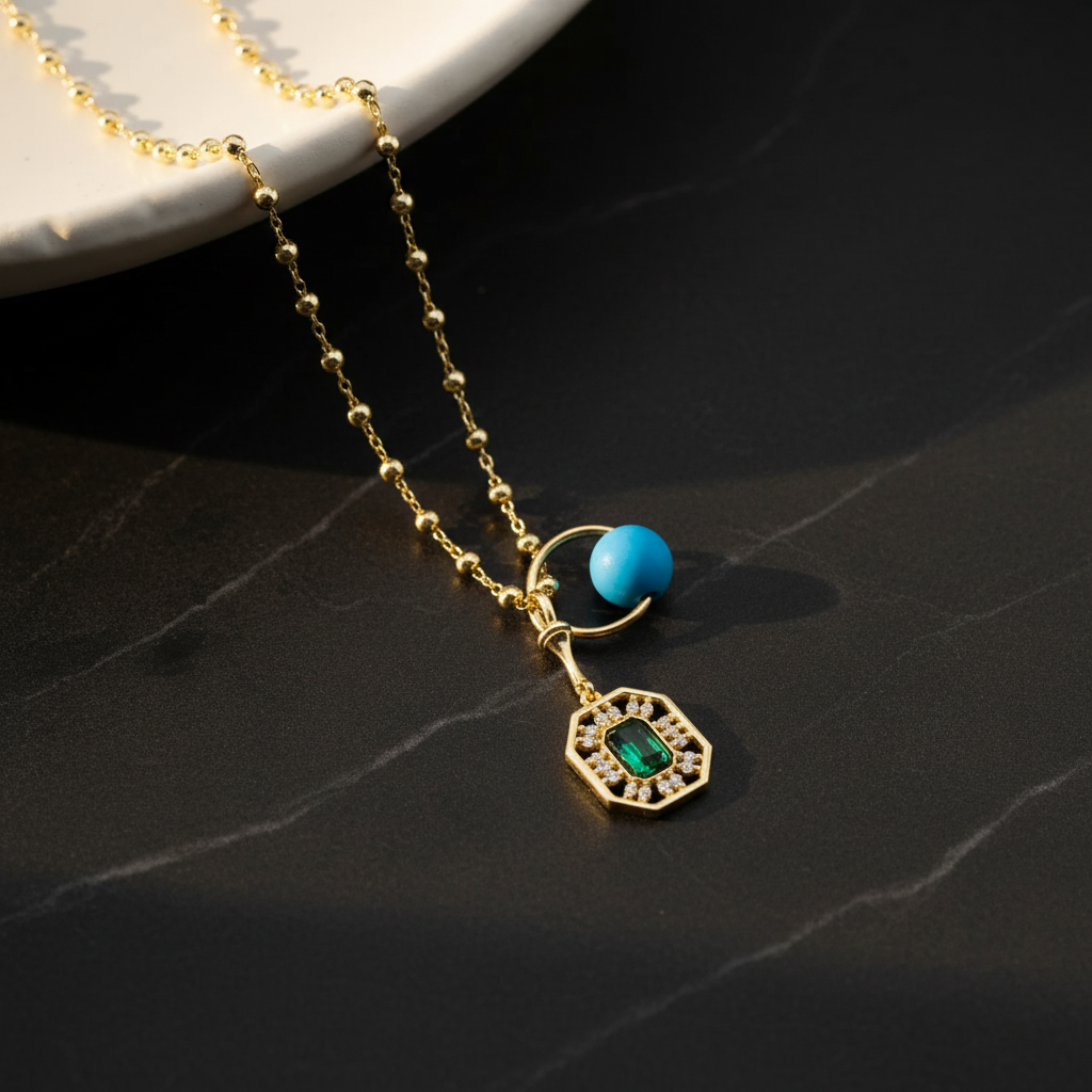 925 Sterling Silver Green Baguette Stone Lucky Necklace