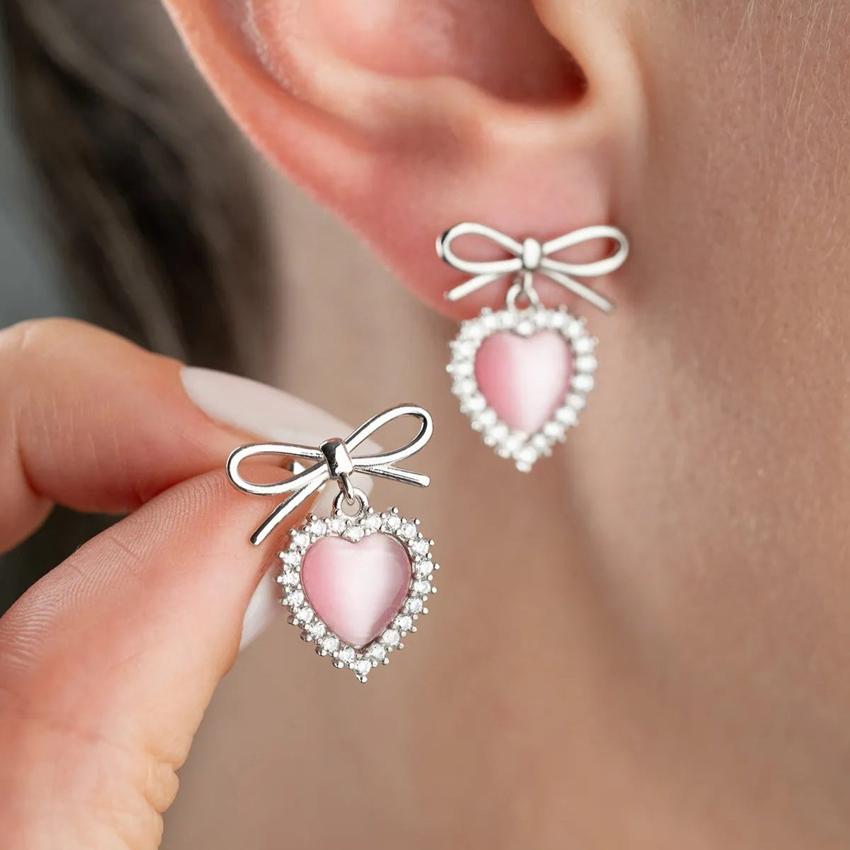 925 sterling silver bow pink heart earrings