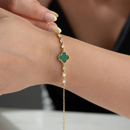 925 Ayar Gümüş Malakit Taşlı Yonca Bileklik