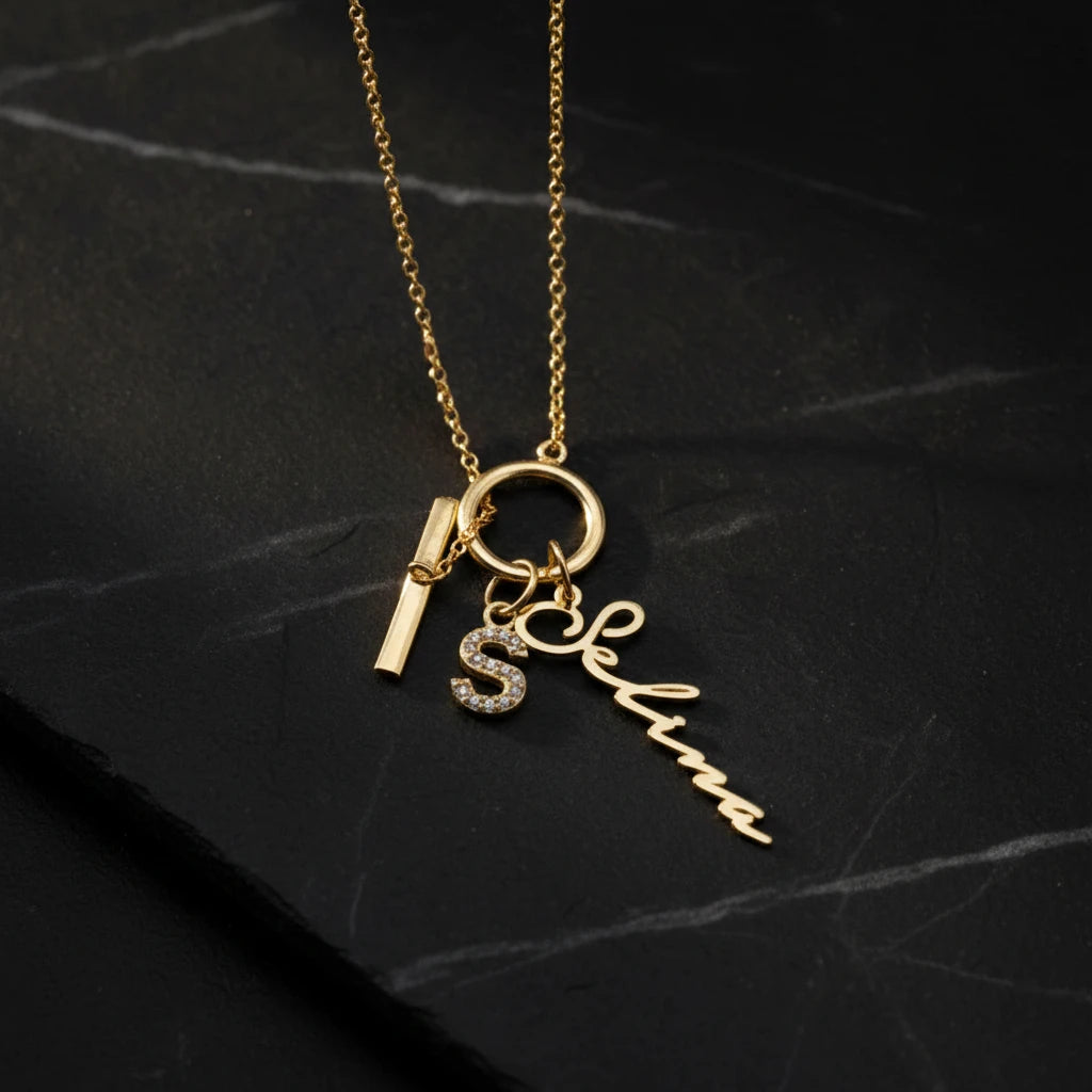 Name and letter detailed ring necklace - 925 sterling silver