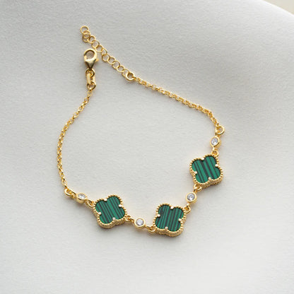 925 Ayar Gümüş Malakit Taşlı Dörtlü Yonca Bileklik