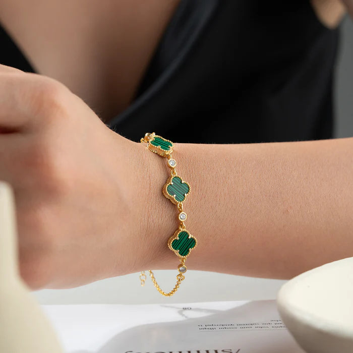 925er Silber Armband mit Vierfach-Malachit-Kleeblatt
