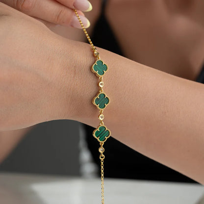 925 Ayar Gümüş Malakit Taşlı Dörtlü Yonca Bileklik